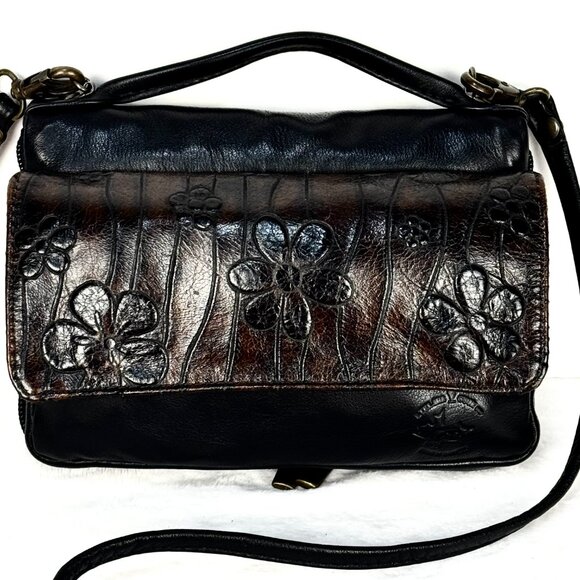 Atelier V Cuir Brown Black Daisy Embossed Leather Shoulder Wallet Clutch Purse W - Picture 2 of 16